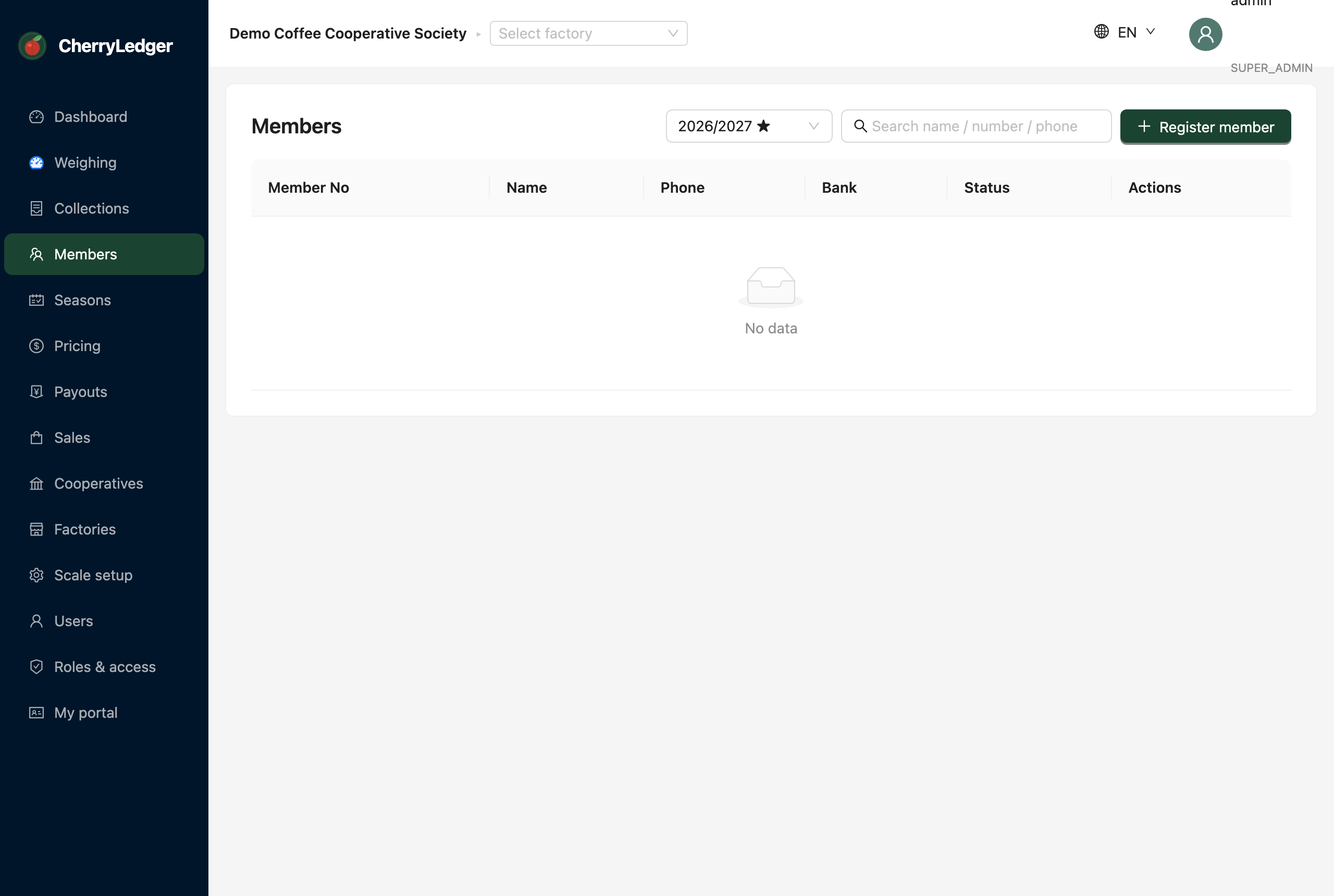 The members screen