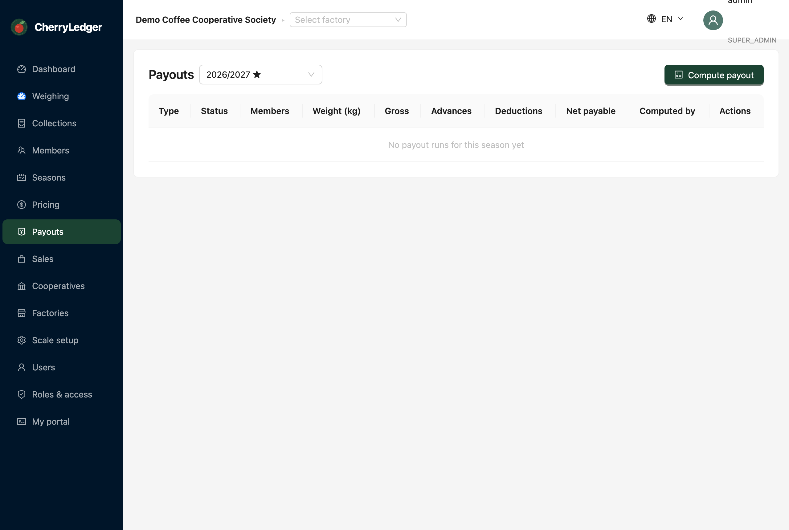 The payouts screen