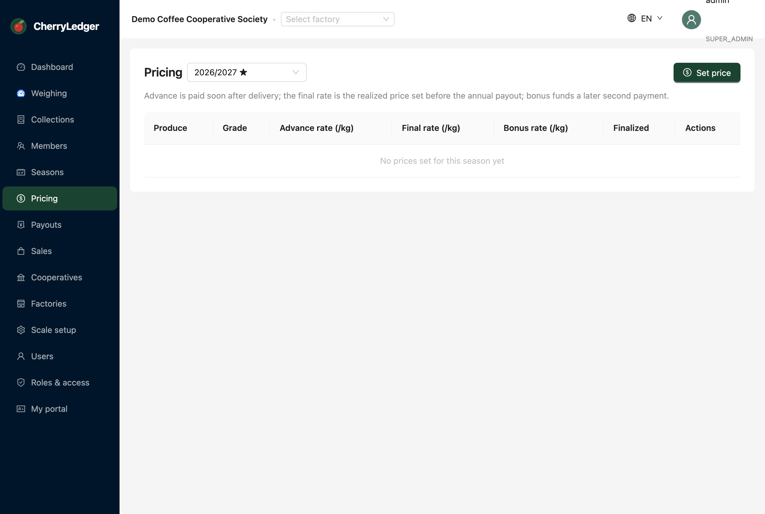The pricing screen