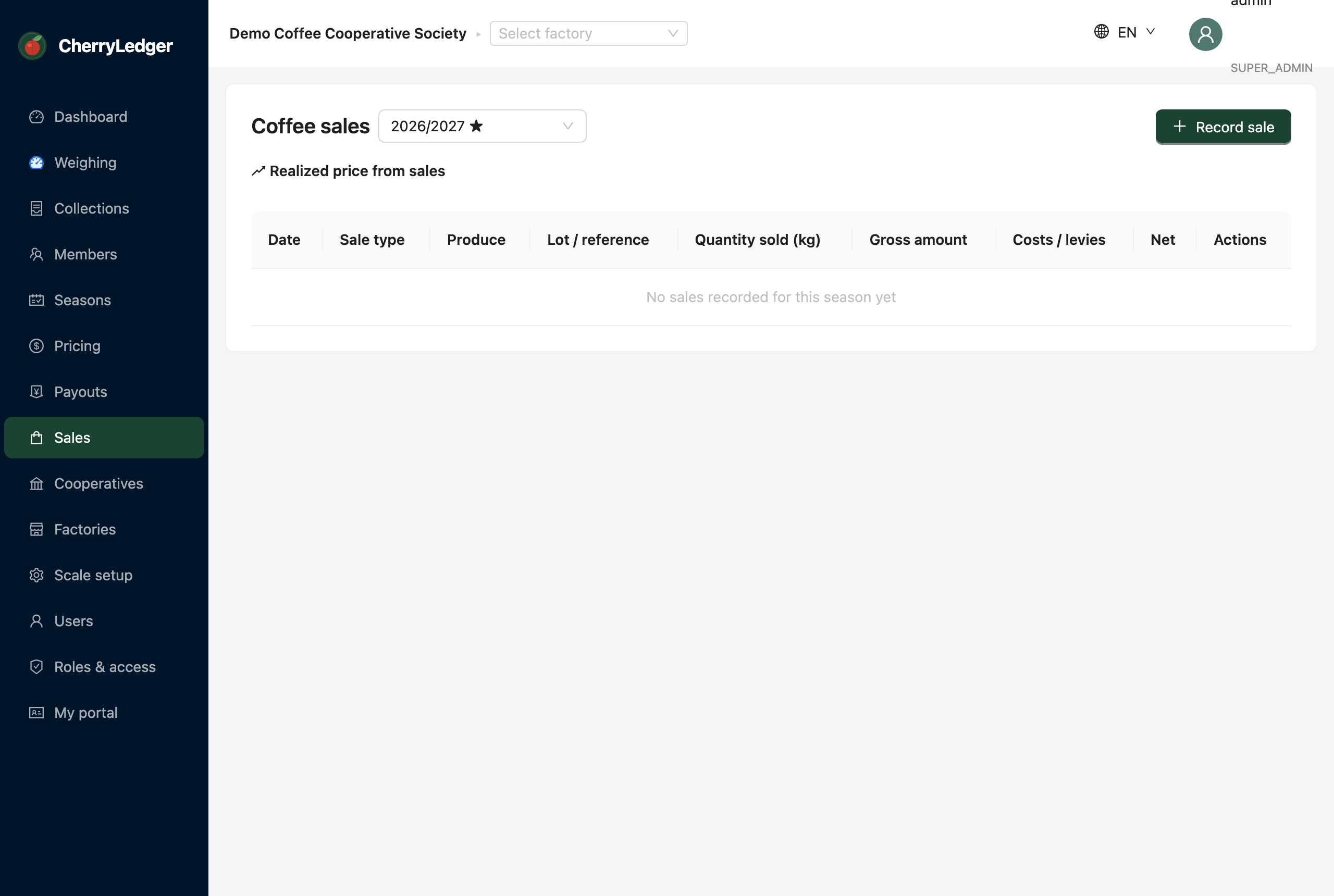 The sales screen