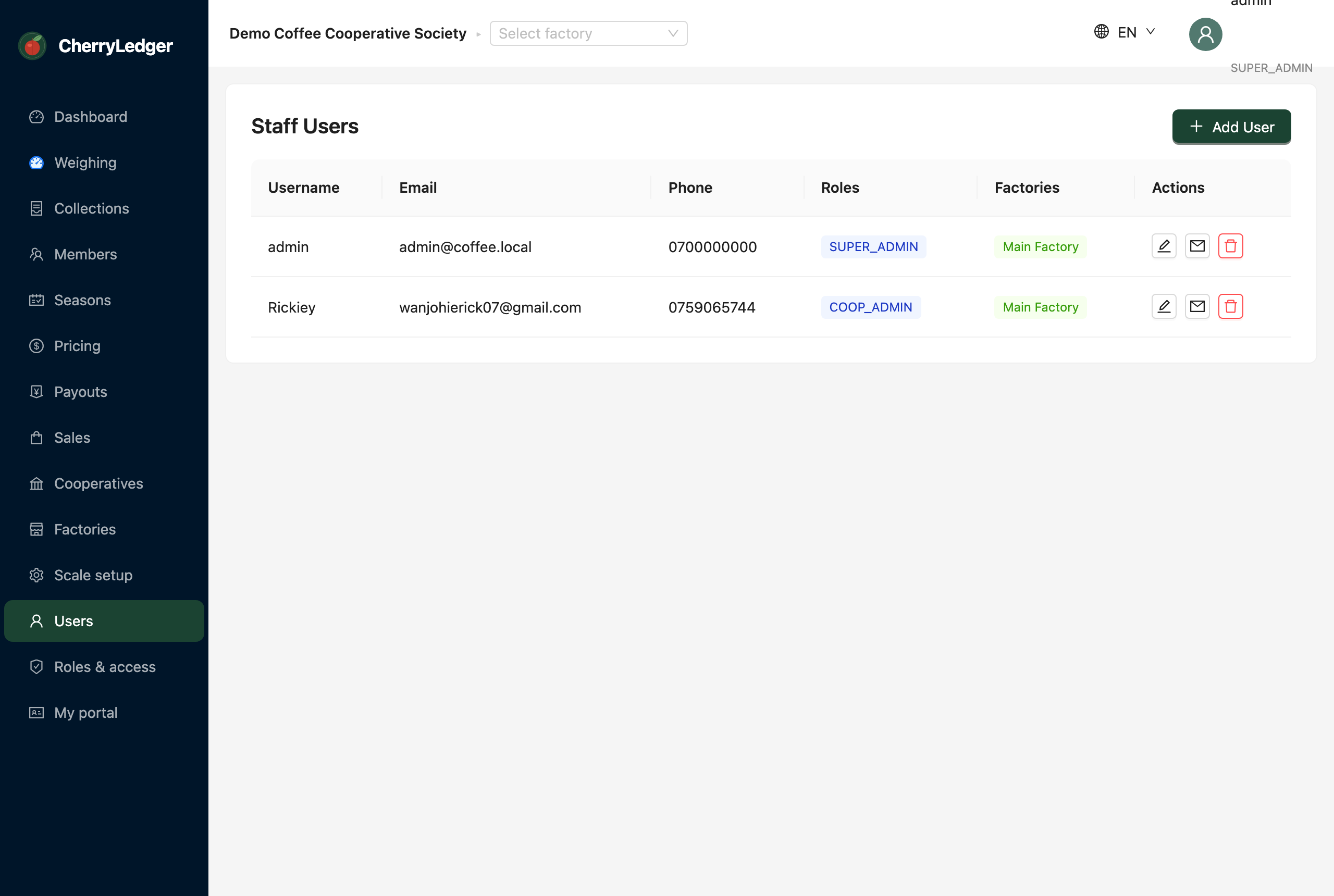 The users screen